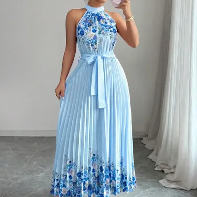 PRINTED PLEATED LONG SKIRT DRESS